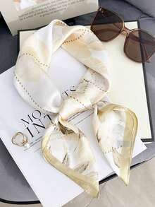 1 pieza Pañuelo cuadrado de seda con estampado floral elegante de 27.6 pulgadas, pañuelo para el cuello de mujer, accesorio versátil para el cabello, protección solar