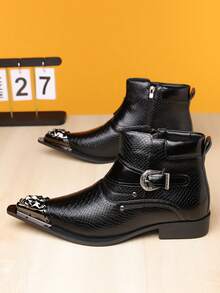 1 Pair Men's Fashion Korean Style Metal Toe Side Zipper Leather Boots, Autumn/Winter New Personalized Versatile Casual Buckle Black Ankle Boots, Suitable For Daily Casual Wear - Black - View 2