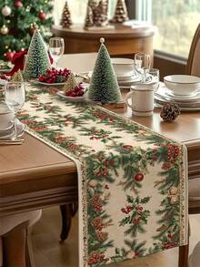 1pc Christmas Tree Printed Table Runner, Christmas Decor Linen-Like Table Runner, Table Runner, 1pc Table Runner, 4pcs Placemats, 1pc Cushion Cover, 3 Products Available, Seasonal Home Decor Indoor/Outdoor Party Supplies, Winter Home Decor, Christmas Decoration, Christmas Room Decor, Christmas Party Decoration