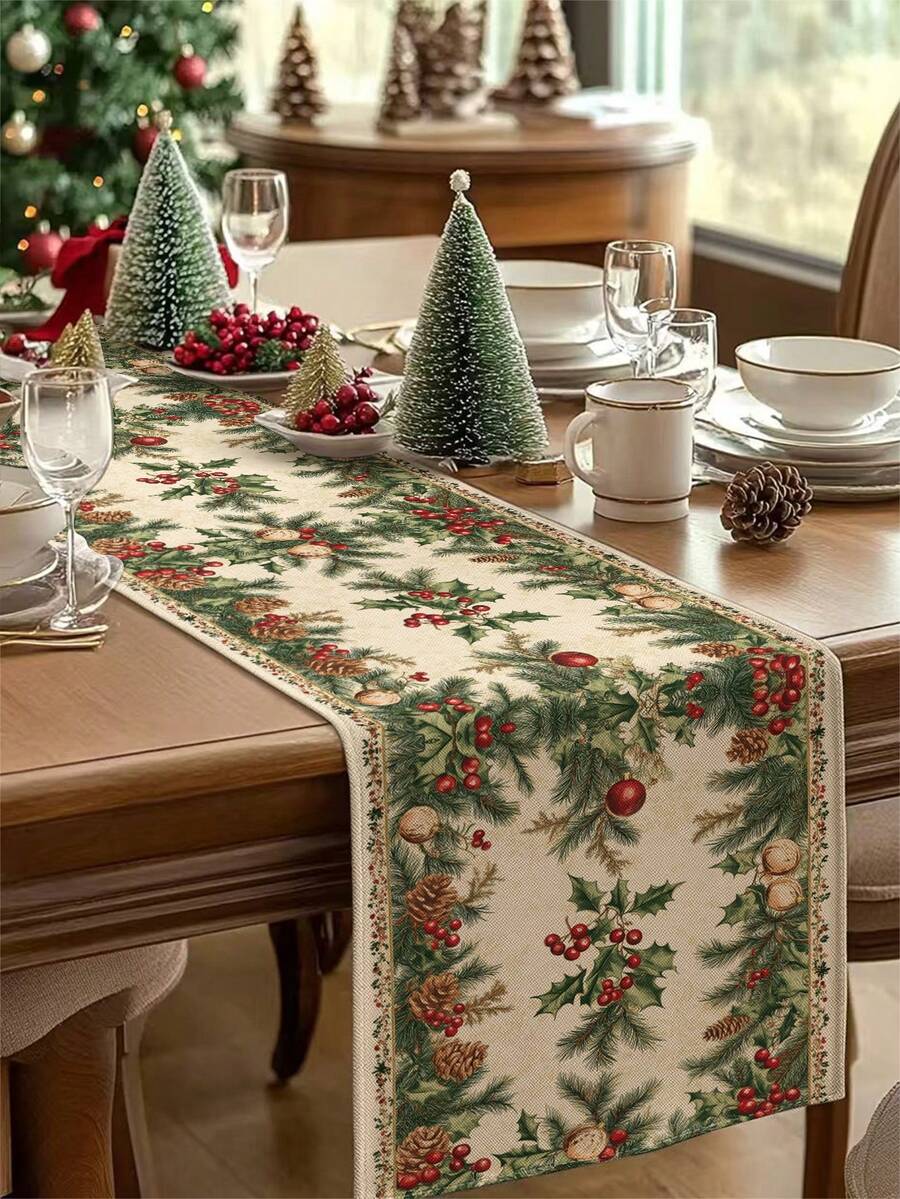 1pc Christmas Tree Printed Table Runner, Christmas Decor Linen-Like Table Runner, Table Runner, 1pc Table Runner, 4pcs Placemats, 1pc Cushion Cover, 3 Products Available, Seasonal Home Decor Indoor/Outdoor Party Supplies, Winter Home Decor, Christmas Decoration, Christmas Room Decor, Christmas Party Decoration