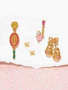 Shescity Bộ 5 món vợt tennis thanh lịch, kèm khuyên tai hình hoa xinh xắn đính đá Zirconia dành cho nữ. - Vàng - Xem 2