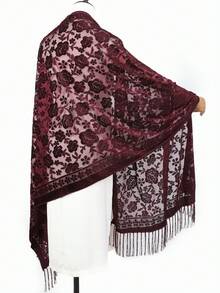 1条女士提花玫瑰丝绒流苏围巾，时尚优雅的女士围巾，多功能披肩，适合舞蹈、派对、假日等场合，高端女士精致围巾，可搭配连衣裙 - 紅色小玫瑰 - 查看 6