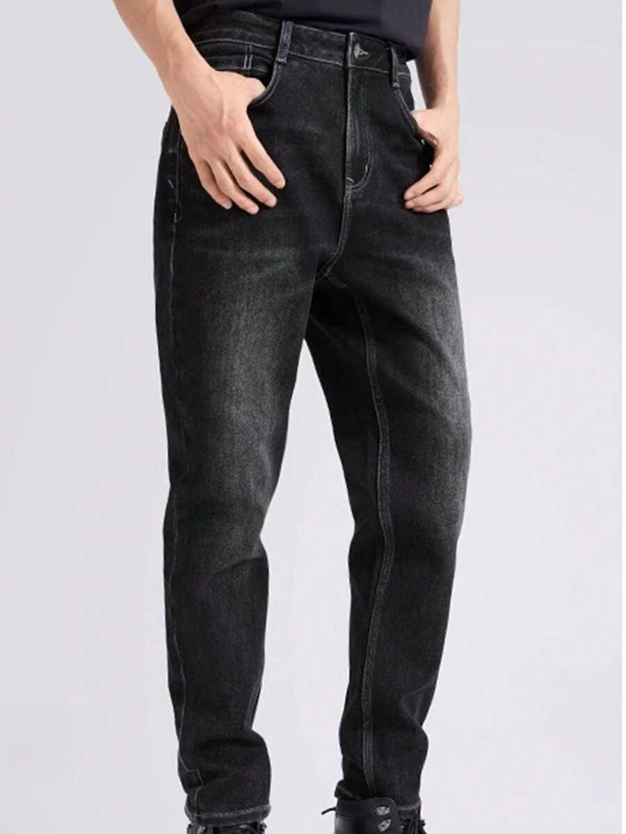 CAMEL CROWN Men's Straight Jeans Slim Fit Stretch Casual Wide-Leg Pants American High Street Style - Black and Gray - View 1
