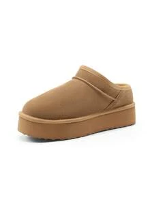 Women Fuzzy Slippers, Platform, Genuine Suede Leather, Snow Boots, Furry Home Slippers, Autumn Winter Indoor Outdoor Comfy Fuzzy Soft Thickened Flat Soles Shoes - 棕色 - 查看 9