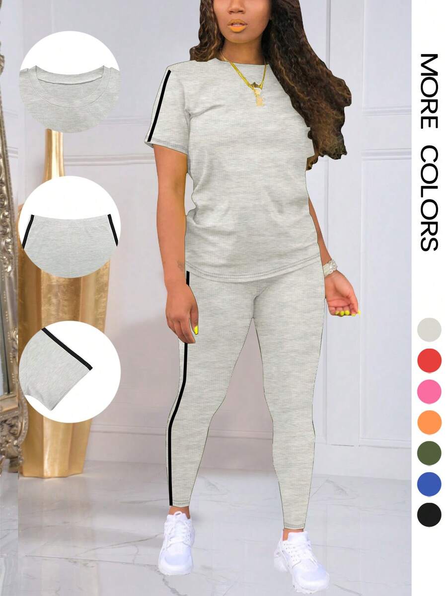 Set de 2 piezas Conjunto deportivo de verano con cuello redondo y manga corta a rayas de moda - Gris - Ver 1