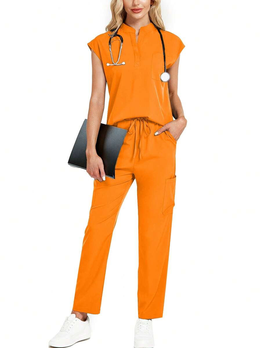 2pcs Set: Solid Color V-Neck Cap Sleeve Top And Long Pants Loungewear Spring