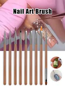 1/9件套美甲笔套装，法式斜角美甲笔，法式美甲工具，棕色手柄新月形UV凝胶美甲笔，美甲DIY设计工具，美甲笔，美甲勾线笔 - 棕色 - 查看 7