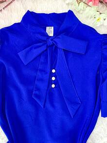 Women's Formal Blouse With Short Puff Sleeves And Bow No. 8 - Royal Blue - View 7