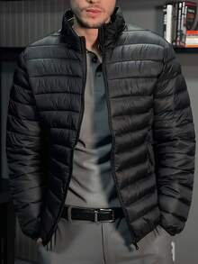 Men's Lightweight Padded Coat, Solid Color Stand Collar Puffer Jacket, Casual Everyday Wear, Outdoor Sports, Simple Classic Versatile , Fall Winter - 黑色 - 查看 4