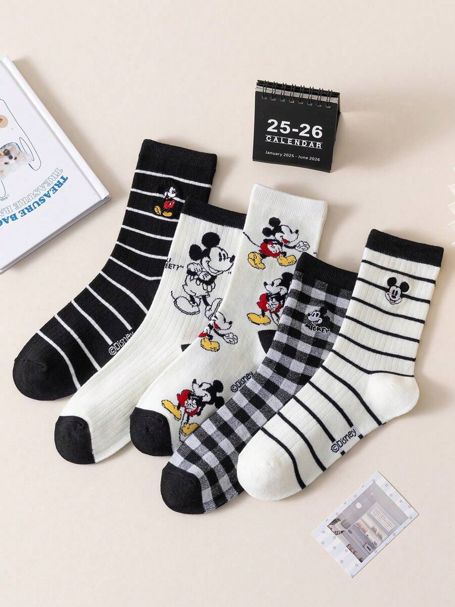 Disney 5双装正品刺绣米奇老鼠新年礼物袜，卡通圣诞刺绣袜，新年动画女袜，新奇袜子 - 彩色 - 查看 1