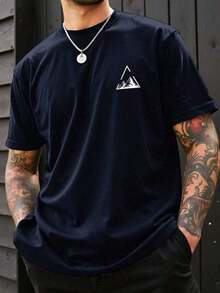 Men's Geometric Mountain Print Casual Short Sleeve T-Shirt Street Fashion - 藏蓝色 - 查看 1