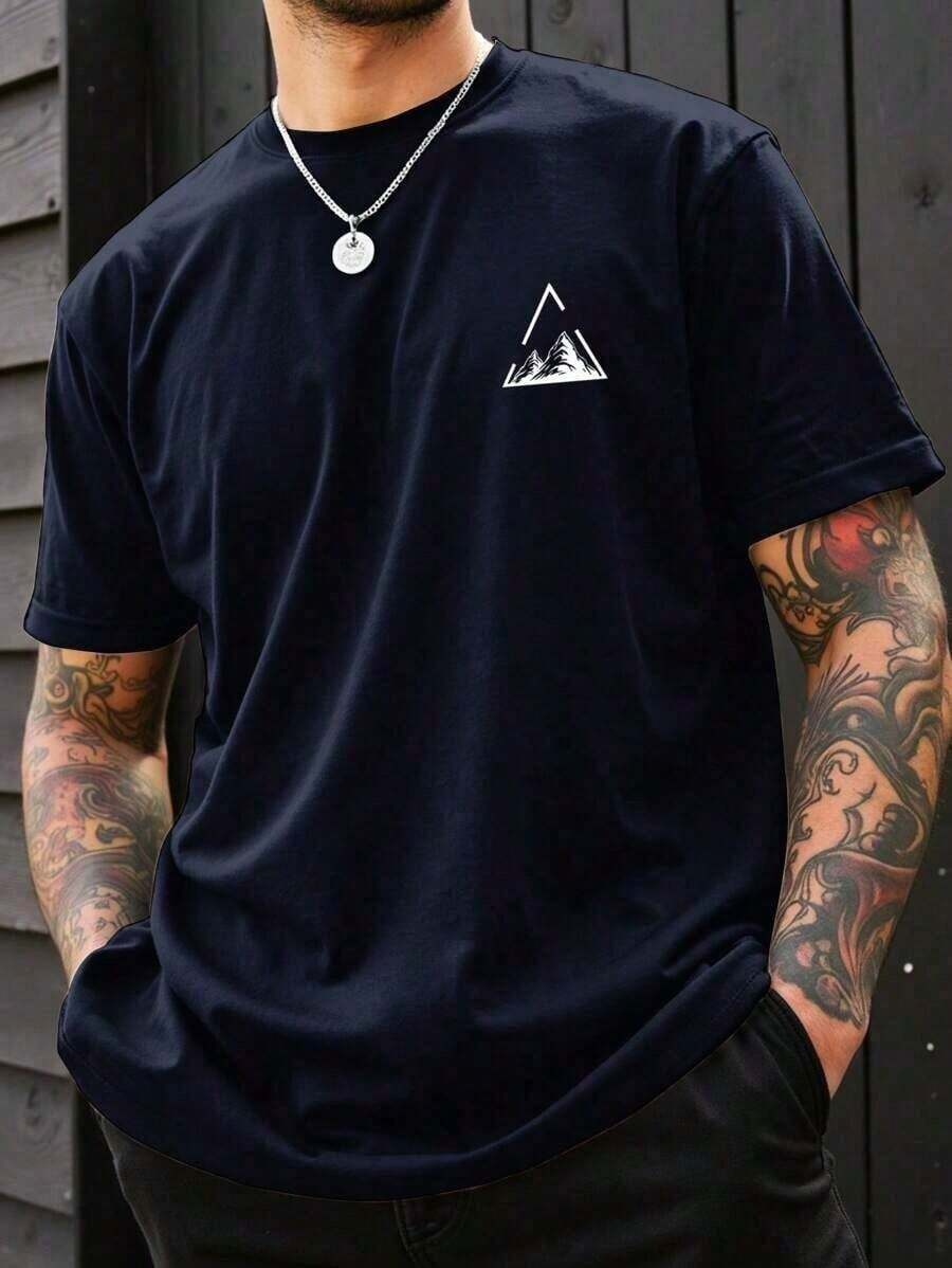 Men's Geometric Mountain Print Casual Short Sleeve T-Shirt Street Fashion - 藏蓝色 - 查看 1
