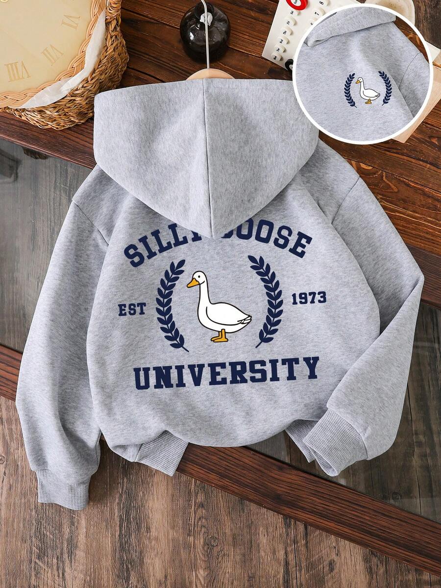 女童字母印花长袖休闲保暖卫衣，秋冬季 - 灰色 - 查看 1