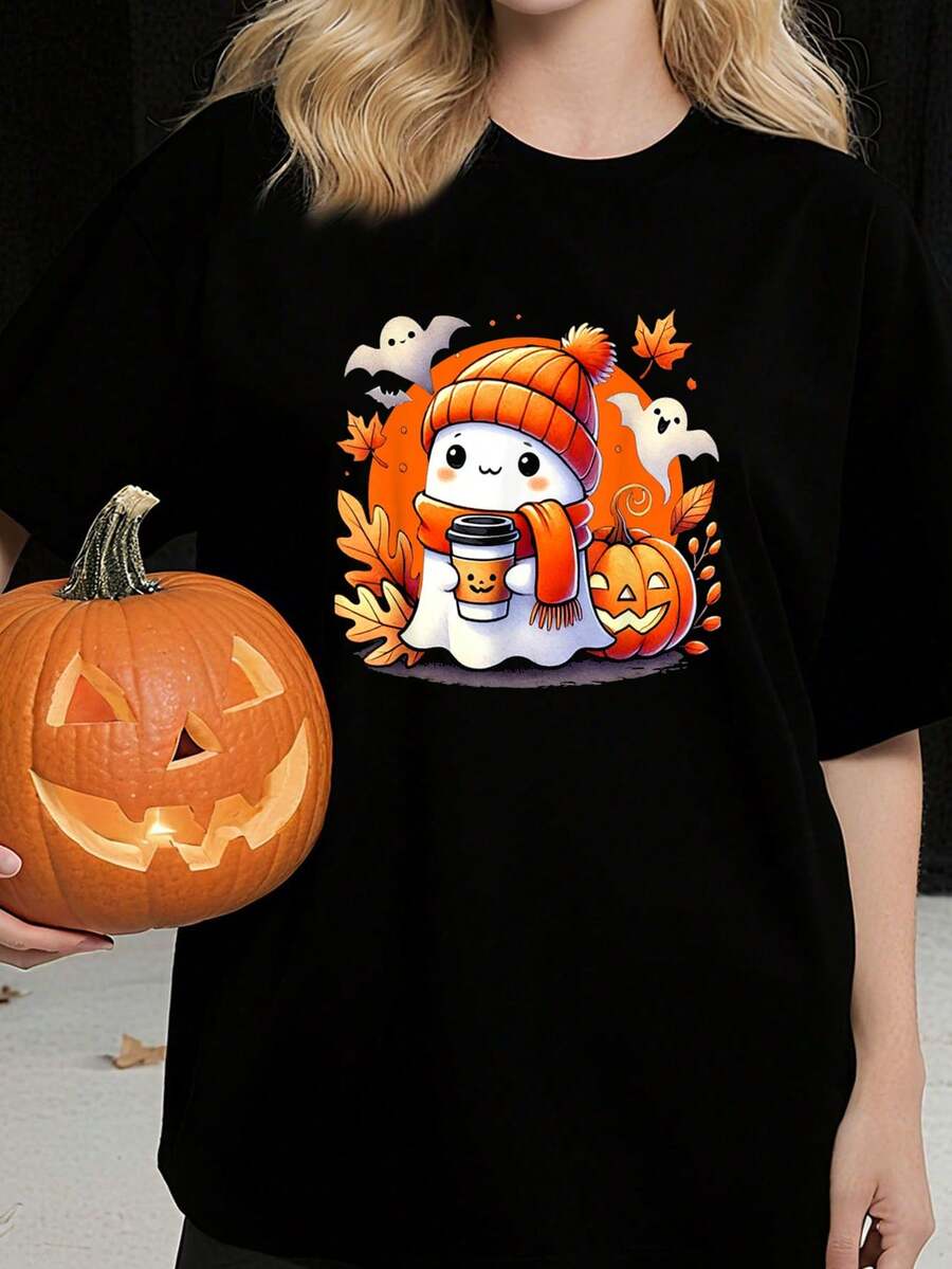 Cute Halloween Ghost Coffee Pumpkin Autumn Maple Leaves-Shirt         Graphic Tees Women Crop Tops Summer Tops Outfits Women Summer Tops Tops-Shirt - Black - View 1