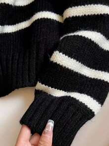 Women's Loose Slouchy Warm Black & White Striped Half-Zip Turtleneck Sweater, Autumn/Winter - Black - View 5