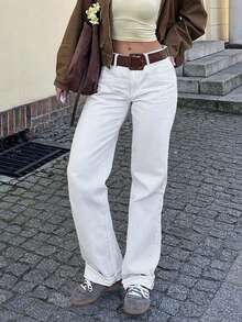 Women's Spring White Mid-Rise Minimalist Slim-Fit Straight Leg Casual Daily Street Style Jeans - Everyday Versatile Stylish Bottoms - White - View 1