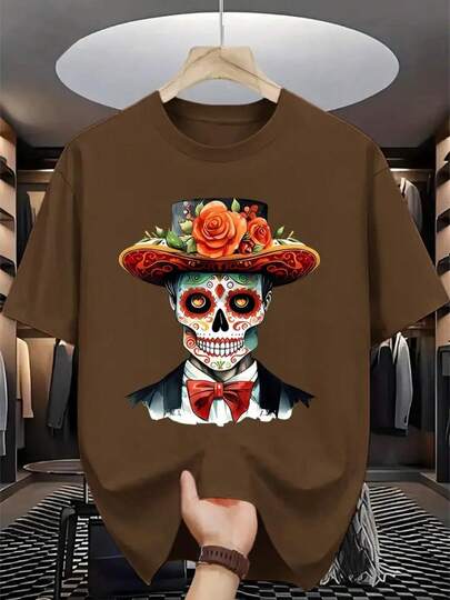 Camiseta Masculina Caveira Mexicana "Dia dos Mortos" – 100% Algodã  Verão    Ajuste Regular    Nenhum