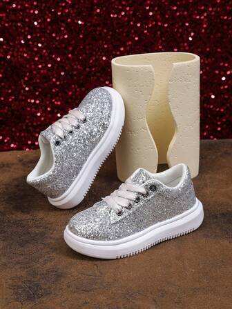 Girls Autumn Casual Sneakers, Sequin Decor Classic Breathable Low-Top White Shoes