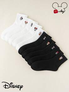 1/5/10双刺绣卡通图案中筒袜套装，米老鼠，米妮，雏菊，卡通人物袜子，，女士袜子，白色袜子，黑色袜子，女士袜子，宽松袜子，长筒袜，隐形袜，情侣袜，周穿袜， - 彩色 - 查看 2