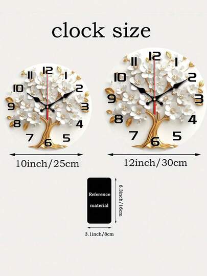 PC 10In 12In Elegante Silent Wand Klok Wit Bloemen Goud Tree Wood Veneer Perfect Living Room, Bedroom, Kitchen, Office Or Birthday Home Room view 7