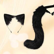 2 件套角色扮演猫耳头带和尾巴组合，手工制作的可爱猫咪女孩耳朵发饰和尾巴装饰套装，适合圣诞节、万圣节、猫主题派对、情人节、新年假期派对、爱猫人士礼物