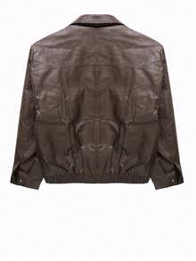 Women's Casual Loose Fit Drop Shoulder Long Sleeve Brown PU Jacket, Suitable For Spring And Autumn