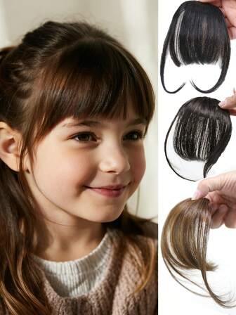 儿童夹式刘海假发，带鬓角，耐热纤维隐形空气刘海接发，3秒隐形，适合日常、节日、派对佩戴（黑色/棕色/浅棕色）