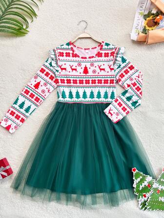 Girls' Christmas Dress With Ruffled Collar, Festive Deer & Tree Prints, Tulle Skirt & Bow Belt For Holiday Parties