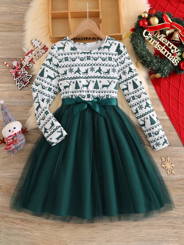 Girls' Green Christmas Deer Print Dress With Tulle Skirt & Bowknot, Perfect For Holiday Parties And Festive Gatherings