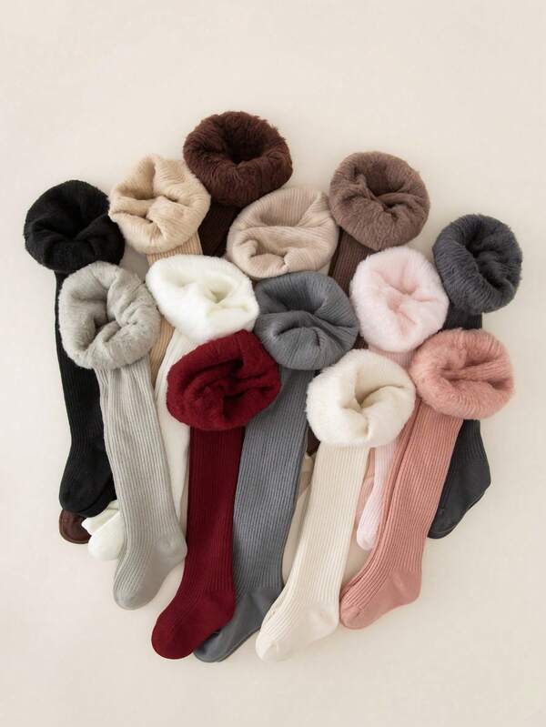 3/1 Pack Girls Tights/Leggings, Solid Color, Minimalist, Comfortable, Warm, Fleece Lining, Classic Vertical Stripe Design, Suitable For Birthday Party, Holiday Gift, Back To School, Travel, Outdoor Sports, Daily Wear, Random Color & Style