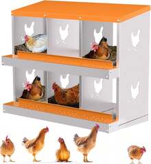 6 Compartments Chicken Nesting Boxes, Metal Roll-Away Laying Boxes With Perch & Ventilation, Waterproof & Rustproof Design For Poultry Coops, Wall-Mountable/Freestanding - Orange - View 1