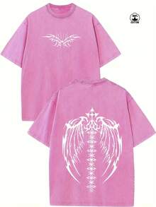 Vintage Washed And Distressed Oversized Short-Sleeved Cotton T-Shirt With Delicate Double-Sided Wing Print. - 玫紅色 - 查看 1