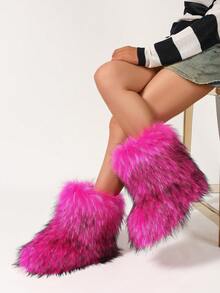 Women's Faux Fur Boots, Fluffy Round Toe Suede Winter Warm Comfortable Flat Ankle Boots For Indoor And Outdoor - Hot Pink - View 6