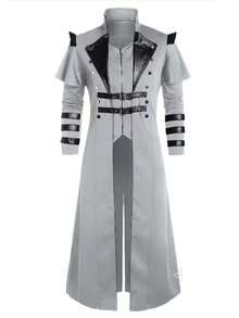 复古万圣节中世纪蒸汽朋克刺客精灵海盗服装成人男士黑色长款开衩夹克哥特式盔甲皮衣，派对礼服 - 黑色 - 查看 11