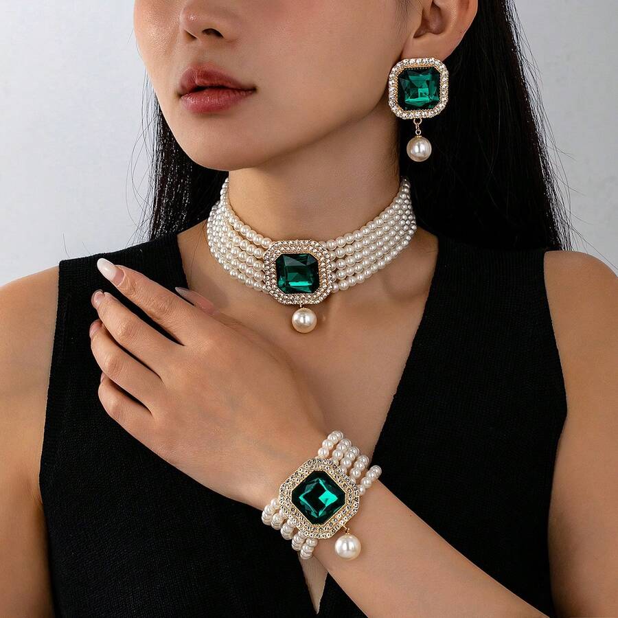 4pcs Luxury Exaggerated Multilayer Faux Pearl, Rhinestone And Crystal Embellished Necklace, Earrings, Bracelet Set, Suitable For Women's Wedding, Party, And Holiday Gifts