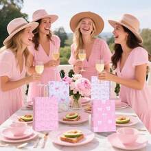 6/12/30 piezas Bolsas de regalo con tema de lazos rosas - Elegantes bolsas de papel con asas, adecuadas para bodas, despedidas de soltera, cumpleaños y ocasiones especiales, decoradas con lazos, estrellas y patrones geométricos en tonos rosas, ideales para obsequios de fiesta de boda | Bolsas con asas resistentes, bolsas de recuerdo para despedida de soltera, decoraciones para fiesta de Navidad - Multicolor - Ver 5