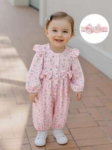 Infant Baby Girl Outfit Goose Heart Print Crew Neck Long Sleeve Jumpsuit Newborn Romper Fall Winter Clothes Headband - 粉色 - 查看 5