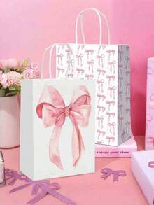 1/6/12 piezas Bolsas de regalo de papel con lazo lindo, bolsas de fiesta, bolsas de regalo rosas, bolsas de papel kraft pequeñas - Diseño de lazo adorable, reutilizables y de material de papel kraft, adecuadas para dulces de boda, decoración de fiesta de cumpleaños y despedida de soltera, con asas, bolsas de regalo con lazo encantador, recuerdos de despedida de soltera, recuerdos de invitados de boda, suministros de Halloween, decoración de Halloween, decoración navideña