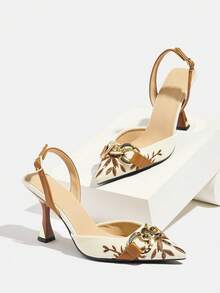 Tacones altos con puntera puntiaguda, decoración de cadena metálica y hebilla de correa trasera, de tela color camello, elegantes para fiesta, boda, uso diario, al aire libre, citas, trabajo, vacaciones, primavera/verano