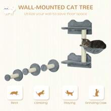 4 Piece Shelf With Scratching Post, Wall - Mounted Tree Indoor - - Grey + Fabric - View 4