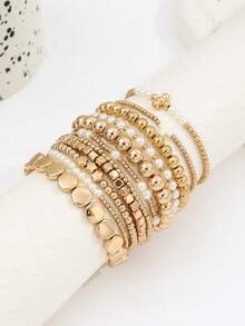 11pcs Versatile Handmade Faux Pearl Cross Beaded Elastic Bracelet, Multi-Element Star & Square CCB Bracelet Set For Women - Gold - View 3