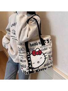 Sanrio Hello Kitty Bag Women's Large Capacity Tote Bag Travel Shoulder Handbag,Sanrio Hello Kitty Canvas Handbag, Cute KT Tote Shoulder Bag, Cartoon Versatile Tote Bag, Large Capacity Commuter Bag, Suitable For Travel, Back To School, Commuting