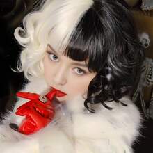 1 件/女士时尚黑白阴阳卷发假发，中长，非常适合各种服装角色扮演