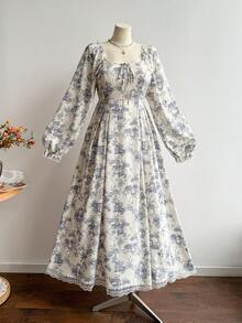 Rusttydustty 女士浪漫法式乡村风格印花长袖连衣裙，收腰设计，适合网络星期一、圣诞节、感恩节和新年等节日派对穿着。