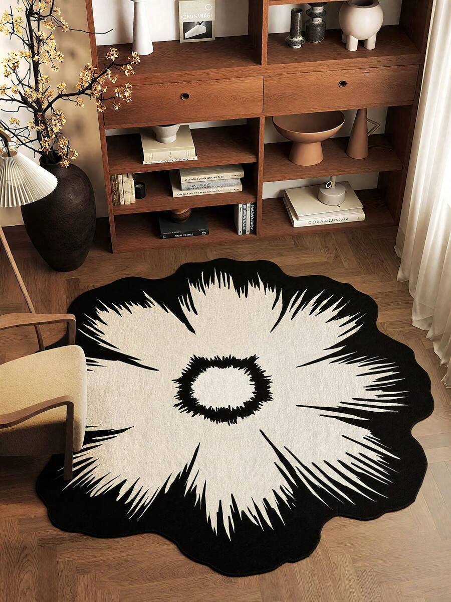 1 Stück schwarzweißer Blumenmuster Wohnzimmer Dekorationsteppich, bohemian-retro Stil Muster, Flaumiges Material mit 10mm Dicke, weich und angenehm anzufassen, leicht zu pflegen, wasserfest und fleckabweisend, rutschfeste Rückseite, Teppich für Lobby, Schlafzimmer, Wohnzimmer, Badezimmer, Küche, Büro, Raumdekoration und Fußmatte, ideal für Feierlichkeiten.
