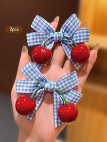 2pcs Red Cherry Bow Hair Clips, Sweet Style Side Clips For Girls, Suitable For Daily Use - Blue - View 3