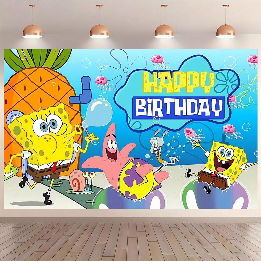 SPONGEBOB 1pc SpongeBob Birthday Backdrop, Holiday Party Decorations, Scene Setup Props, Cartoon SpongeBob Birthday Banner, Party Decorations, Birthday Backdrop