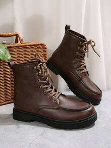 女士秋冬新款切尔西棕色厚底7孔系带软舒适轻便套穿厚底踝靴、骑马靴、短靴、中筒靴 - 棕色 - 查看 5