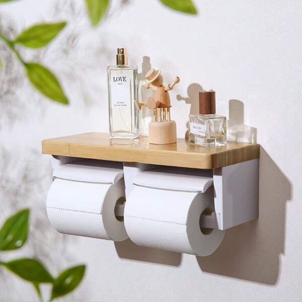 ABS Material Toilettenpapierhalter mit Schneidfunktion, DIY modischer Doppelschicht mit Ablage, geeignet für Mietwohnungen, Aufbewahrung kleiner Gegenstände, einfache Installation, bequemes Nachfüllen, dekorativer Toilettenrollenhalter