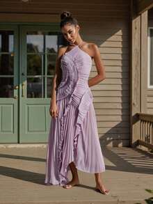 Vestido halter con volantes para mujer, sin mangas, color liso, largo y fluido, vestido de verano de corte A - Morado - Ver 3